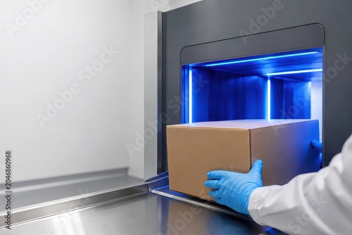 Cardboard Box inside X-ray Scanner for Security Sweep, Close Up