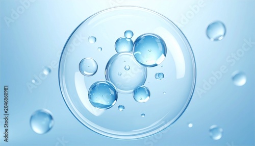 Abstract cosmetic background with blue glass spheres and bubbles inside a larger orb, hyaluronic acid cell