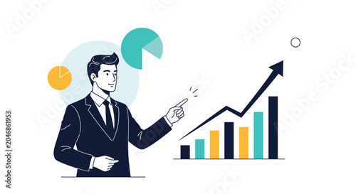 Professional businessman pointing towards a rising bar graph and arrow representing financial success and growth.