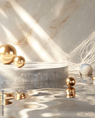 Elegant minimalist luxury product showcase scene, D rendered premium commercial display backdrop with light beige natural textured marble wall, light grey marble floor with subtle water ripple