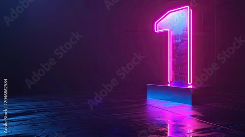 Glowing neon number with double pink-purple neon frame and translucent glass texture, filled with blue-purple gradient light, placed on dark platform in dark sci-fi space with deep purple to dark