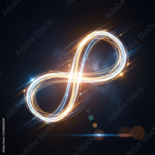 Abstract Glowing Infinity Symbol with Light Trails and Lens Flares.