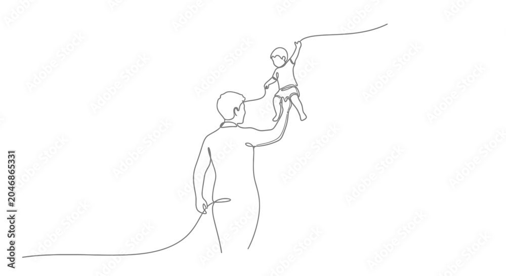 Fototapeta premium Parent helping child climb, single line art, trust, support, family connection