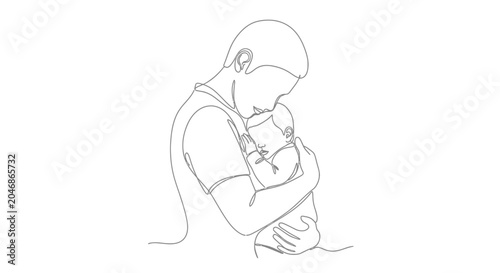 Photos Father holding baby, minimalist line art, tender embrace, parenthood, family lov