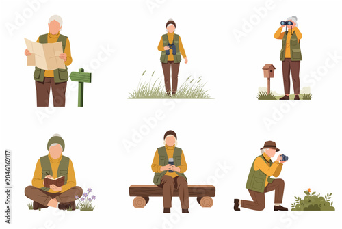 Foto Flat vector illustration of an active senior woman enjoying various outdoor activities like hiking, birdwatching, and nature photography