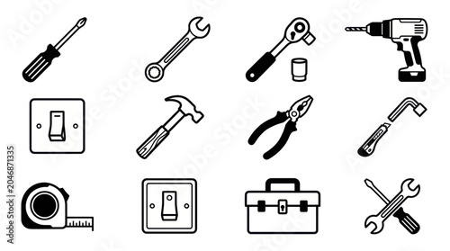 Fotografia Set of Hand Tools and DIY Icons - Screwdriver, Wrench, Drill, Hammer, Pliers