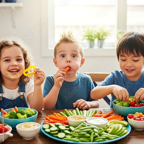 Children enjoying healthy vegetables at dinner table.