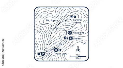 Foto Mount Alpha Hiking Trail Map with Summit, Viewpoint, Shelter, and Parking