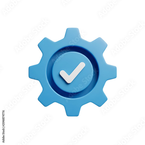 3d blue gear icon with white checkmark symbol on transparent background