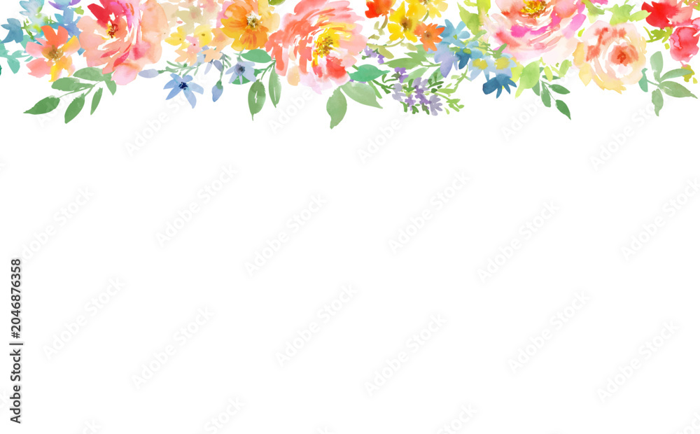 Obraz premium Watercolor summer roses and wildflowers background for banner, web, and wedding invitations. Summer floral drop design. Vector file.