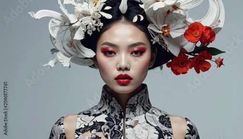 Portrait of an Asian woman with elaborate floral headpiece and striking red makeup