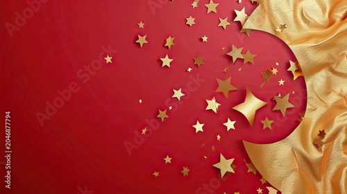 This elegant flat lay festive background features vibrant matte positive red base, warm champagne gold satin with soft folds, deep burgundy papercut round decoration with hollowed four-pointed star
