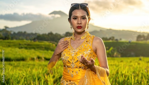 Portrait of a woman in yellow attire against a rice paddy with mountain backdrop