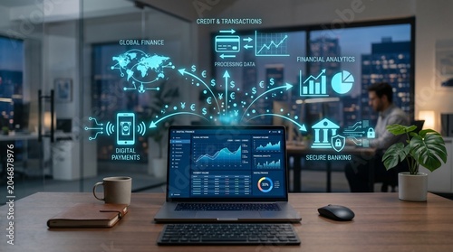 Digital Payment Ecosystem and Financial Analytics Dashboard on Laptop