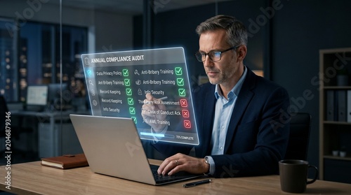 Compliance Officer Reviewing Annual Audit Digital Checklist in Office