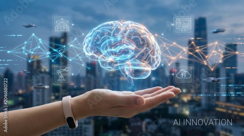 Conceptual Visualization of AI Innovation with Human Hand and Brain