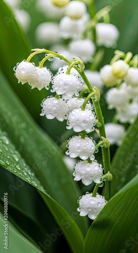 Fresh White Lily of the Valley Flowers with Green Leaves Closeup