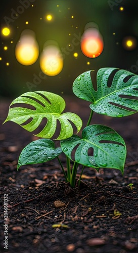 Tropical Monstera Plant Growing in Soil with Glowing Bokeh Lights Background
