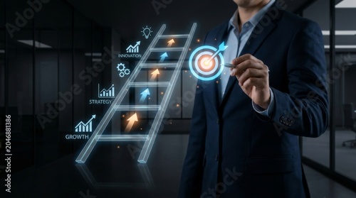 Businessman Planning Growth Strategy with Digital Targets and Metrics