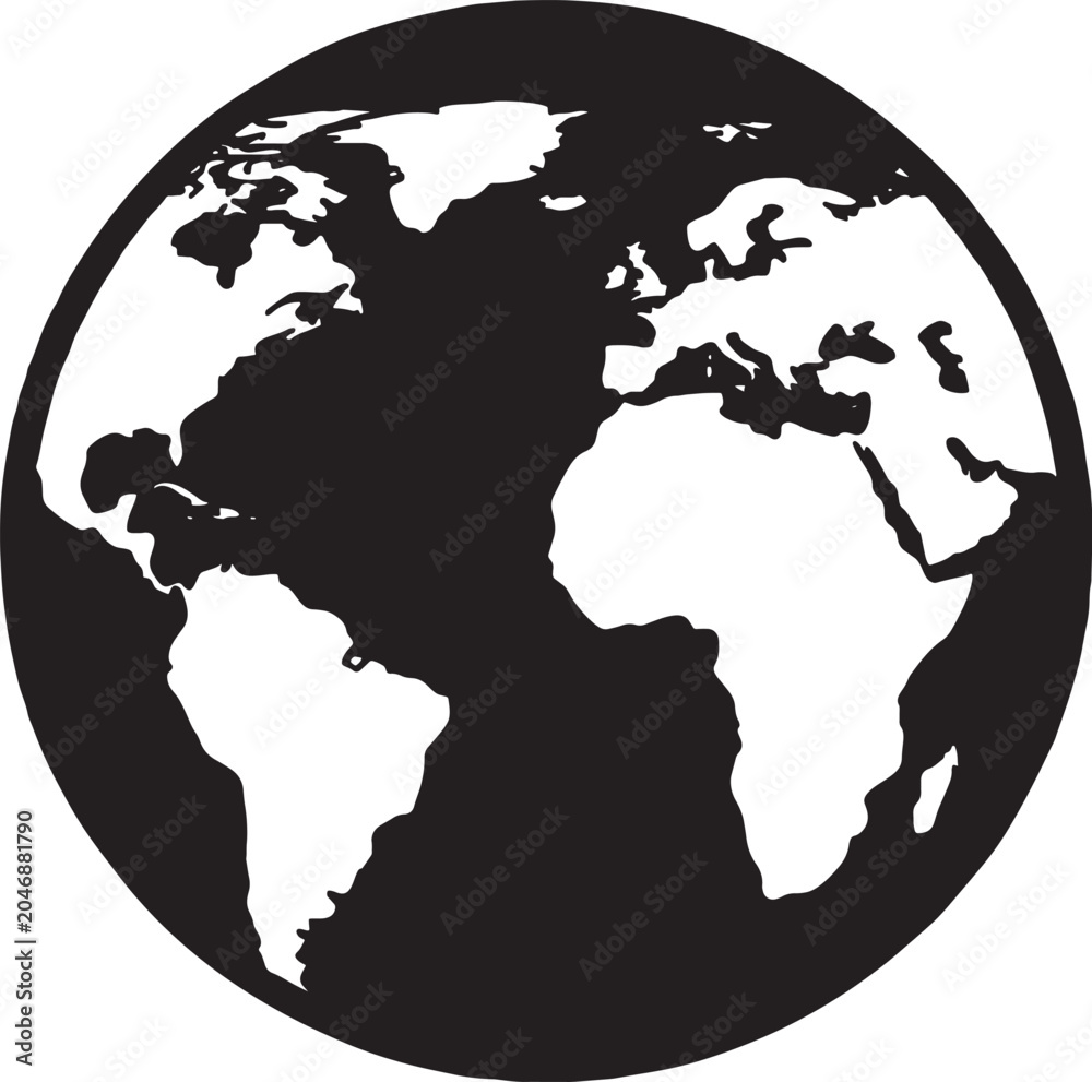 Obraz premium Black and white graphic icon of the earth globe showing continents like europe africa north america south america symbolizing global connection international relations or environmental