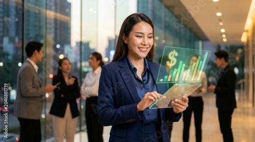 Businesswoman Using Digital Tablet with Financial Data Visualization