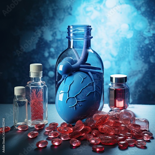 Surreal lab scene with a conceptual merged container of clear blue reagent bottle and realistic anatomical heart as centerpiece, surrounded by small glass vials holding red substances, scattered red
