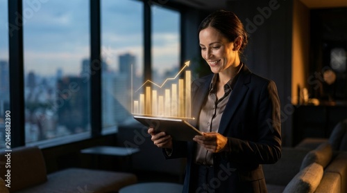 Businesswoman Analyzing Growth Data with Tablet in City Office