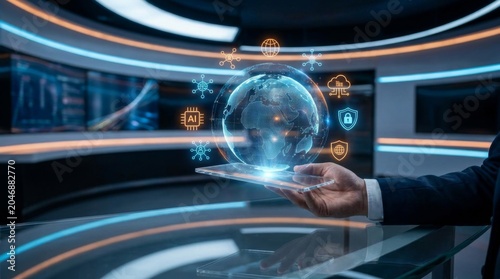 Interactive Global Technology Concept with AI and Data Visualization