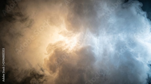 Obraz na płótnie Swirling dense billowing smoke clouds illuminated by a central bright light sour