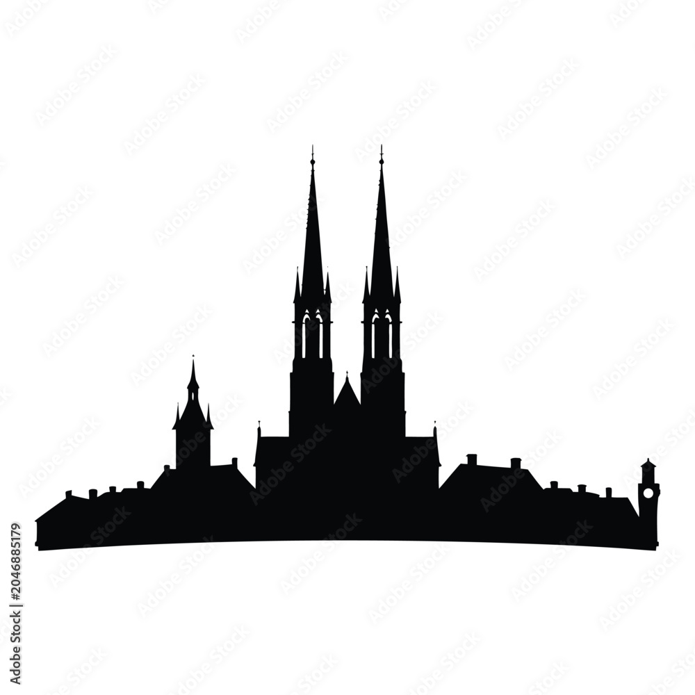 Fototapeta premium European Old Town Skyline Silhouette of Historic City Center, vector icon, vector
