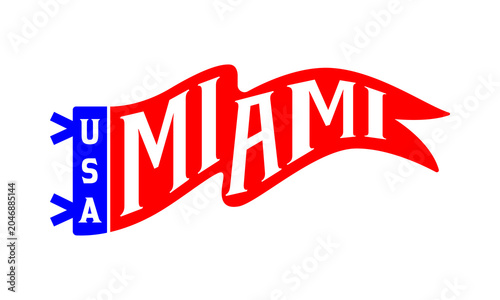 Vector pennant flag design with a white text logo 'MIAMI' across the red wavy field. The hoist is a blue bar with the vertical white text 'USA' and two blue strings, isolated on white.