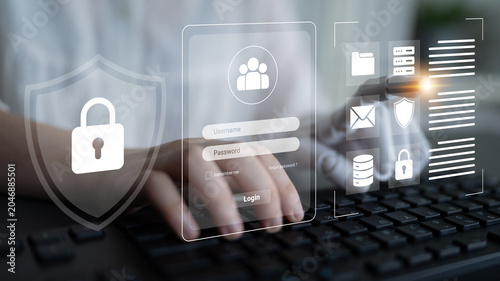 Fotografía Concept of secure online login showing user credentials and cybersecurity icons, emphasizing the importance of data protection and privacy in digital interactions