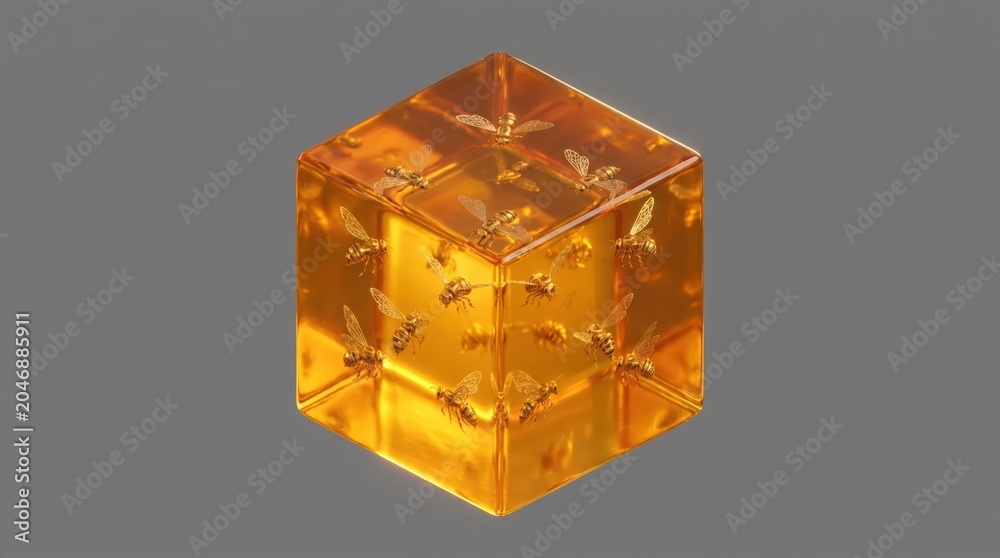 Obraz premium Surreal Solar Honey Cube with Golden Mechanical Bees Floating Inside.