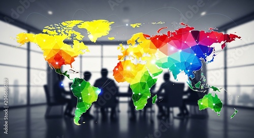 Colorful world map with business team silhouettes in modern office conference room for global teamwork and international collaboration concept