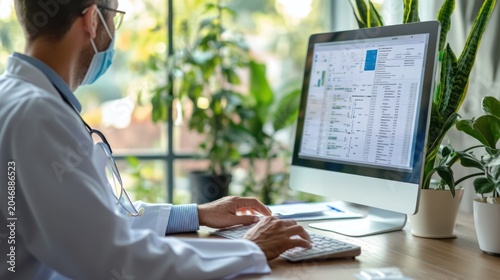Doctor using computer, analyzing data, bright office, medical research, telehealth use