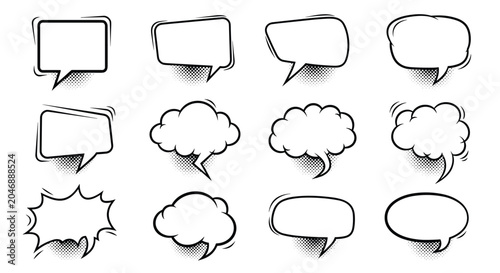 Diverse collection of comic book style speech bubbles and thought clouds with halftone shadows and black outlines.