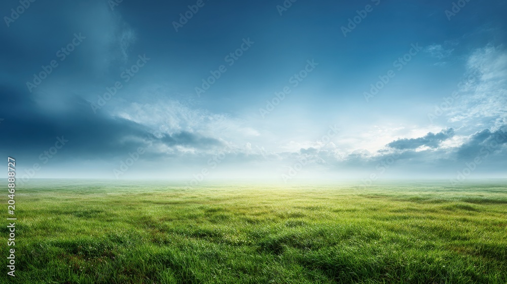 Naklejka premium Vast Green Meadow Under a Dramatic Sky with Rays of Sunlight Breaking Through Clouds