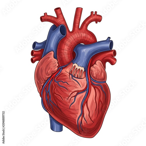 3D rendering of human heart anatomy with blood vessels.