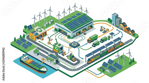 Sustainable energy production and distribution complex illustration.