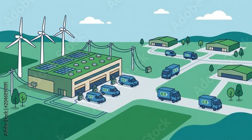 Sustainable energy infrastructure with electric vehicles and wind turbines.