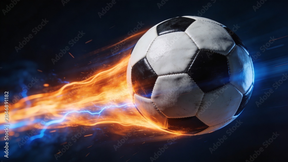 Fototapeta premium Ultra Dynamic Flaming Soccer Ball With Electric Energy Trail Flying Through Dark Background High Speed Sports Concept