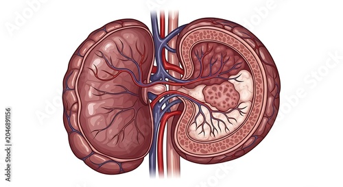 Detailed anatomical diagram of human kidneys and adrenal glands.