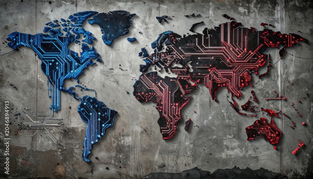 Naklejka premium Digital World Map with Circuit Board Connections and Grunge Texture.