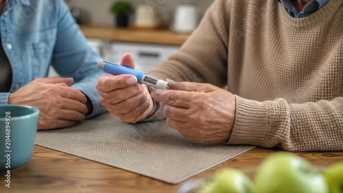 Senior Person Using Glp-1 Injector Pens for Diabetes Care at Home Table
