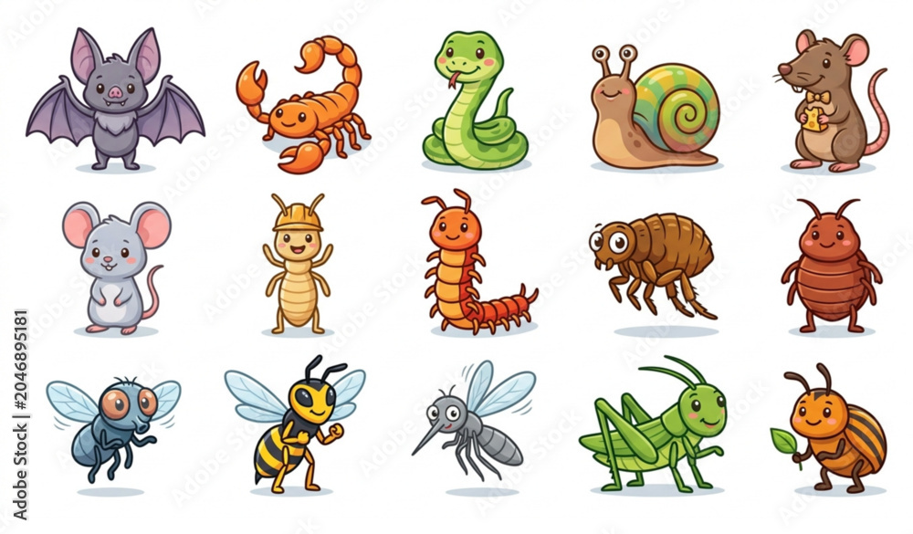 Obraz premium Pest Management Mascot Vector Set with Rat Mouse Mosquito Termite and Scorpion Characters