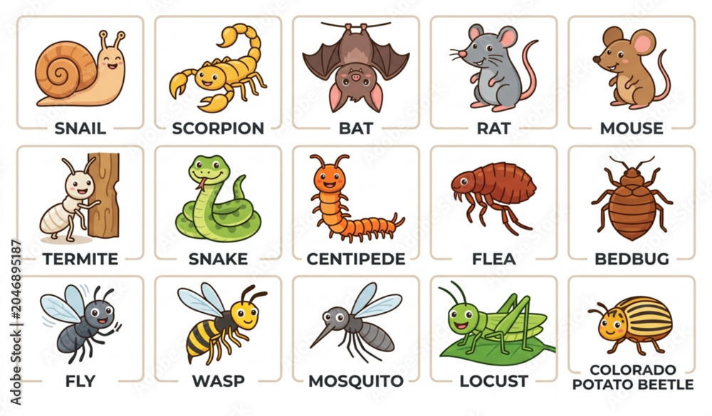Obraz premium Household and Agricultural Pest Animals Cartoon Vector Collection for Extermination Services