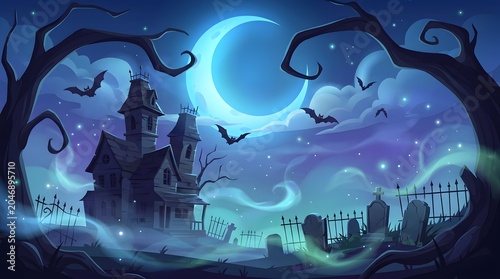 Spooky cartoon night scene with haunted house, bats, forest, and glowing mist for seasonal digital backgrounds.