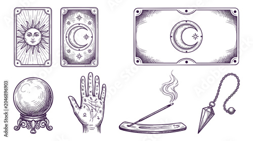Esoteric symbols for fortune telling and divination including tarot cards crystal ball and pendulum