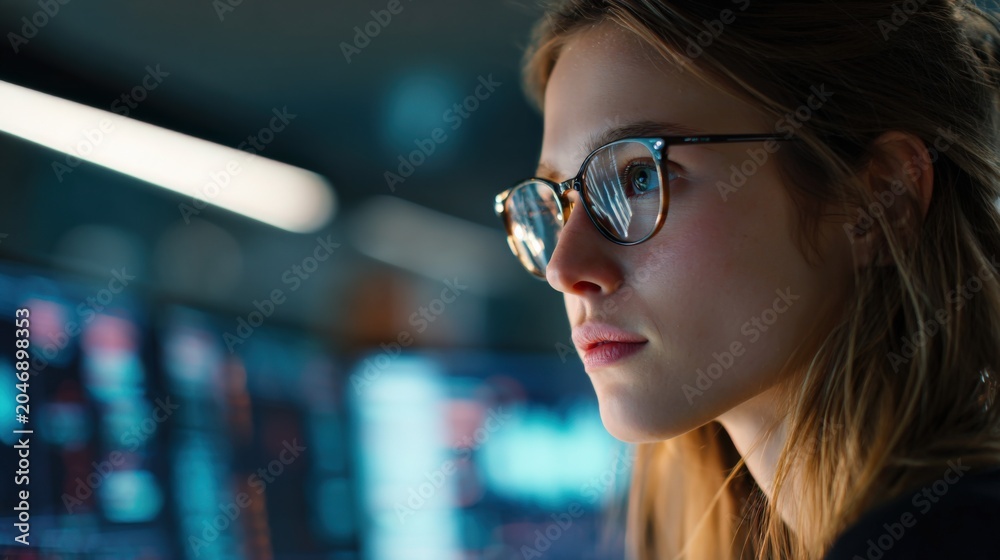 Naklejka premium Young woman focused on computer screen data analysis, reflecting glowing lights in glasses