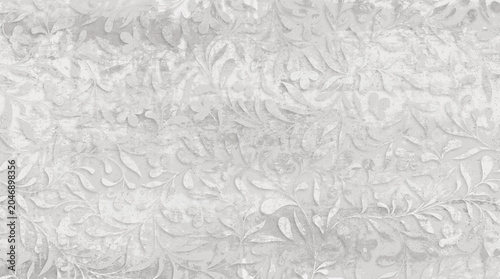 A seamless, textured vintage floral and vine pattern in light gray and white tones.